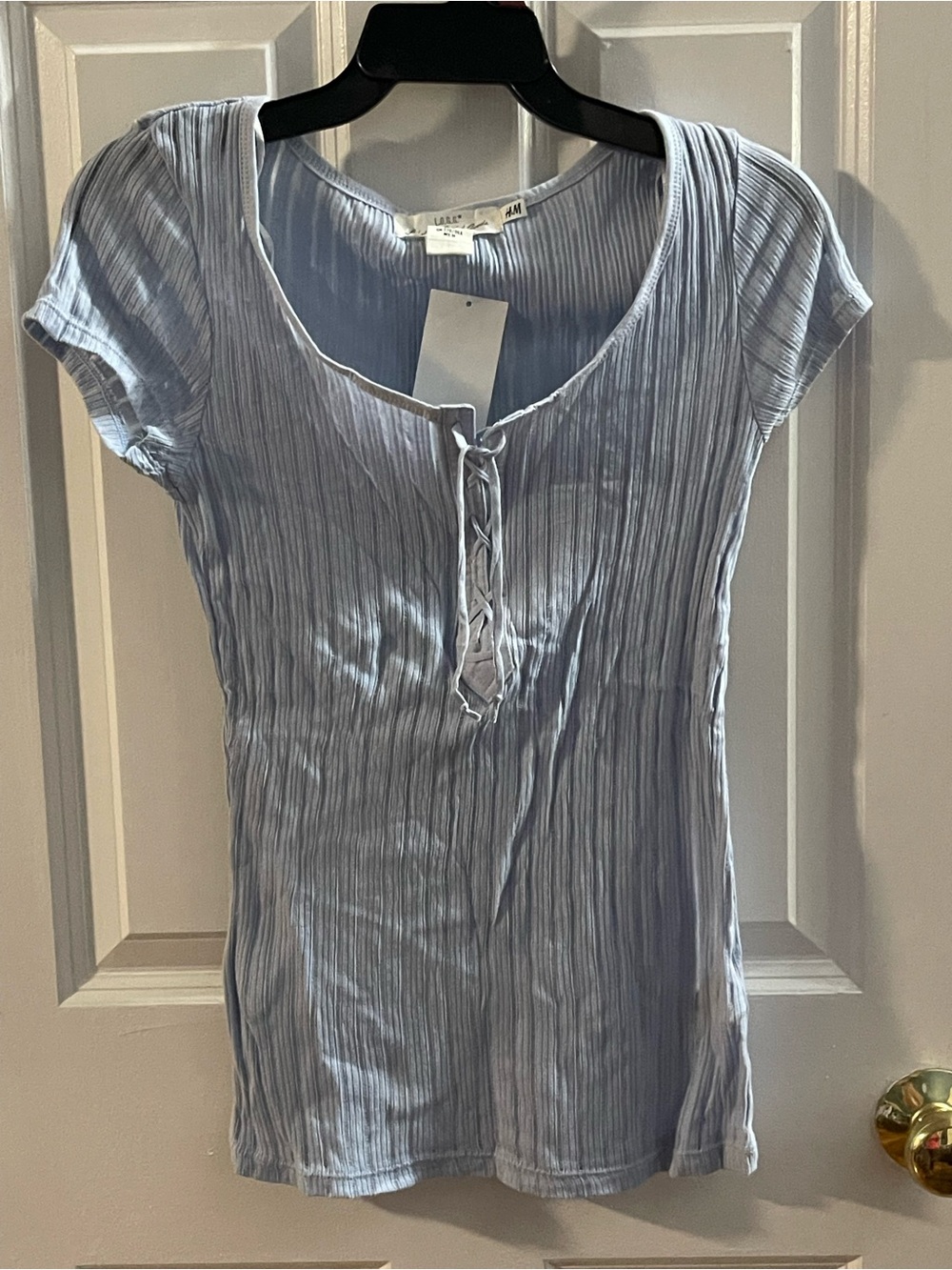 H&M Light Blue Ribbed Lace-Up Short Sleeve Tee